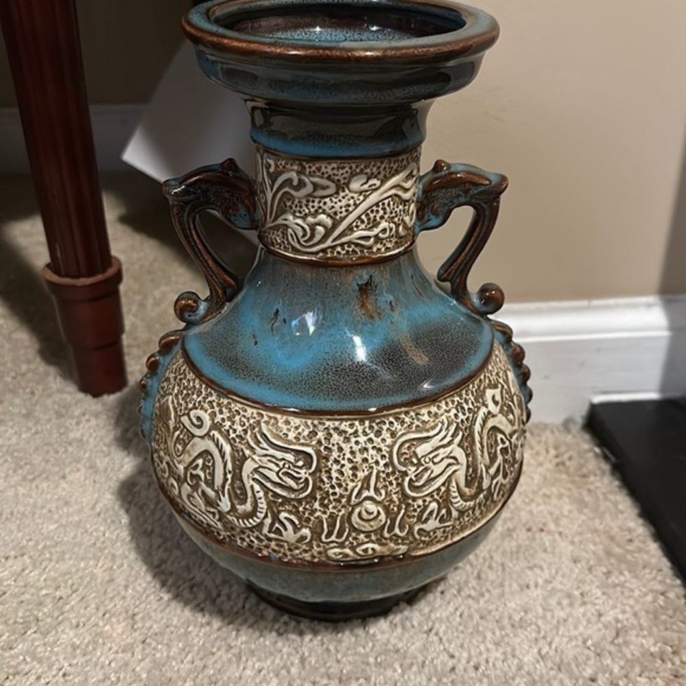 Art Pottery Asian Inspired Drip Glaze Ceramic Handled Vase with Dragon Motif